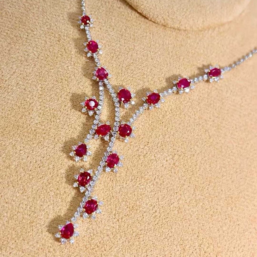 14k Gold 9.00 Ctw Natural Ruby & Diamond Necklace: Ref:231140278 // gold content:14k gold // main gemstone:ruby // shape:multiple // carat weight:7. 86ct // color:red // treatment:natural // // adjacent gemstone 2 : diamond // shape:round // carat wei