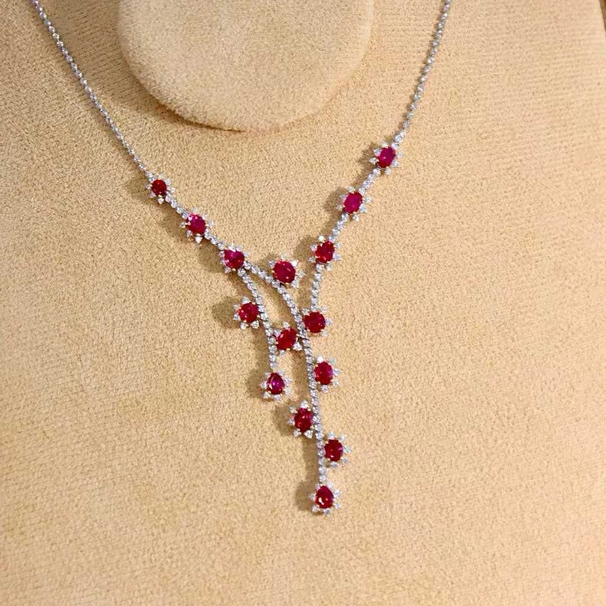 14k Gold 9.00 Ctw Natural Ruby & Diamond Necklace - 2