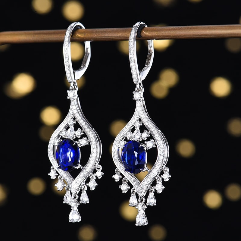 14k Gold 4.22 Ctw Natural Sapphire & Diamond Earrings - 3