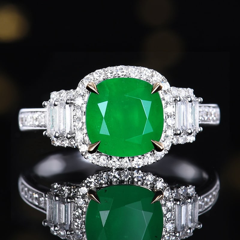 14k Gold 2.13 Ctw Vivid Green Natural Emerald & Diamond Ring: Ref:231140309 // gold content:14k gold // ring size:7. 25us // // main gemstone:emerald // shape:cushion // carat weight:1. 88ct // color:vivid green // treatment:natural // // adjacent gemstone 2