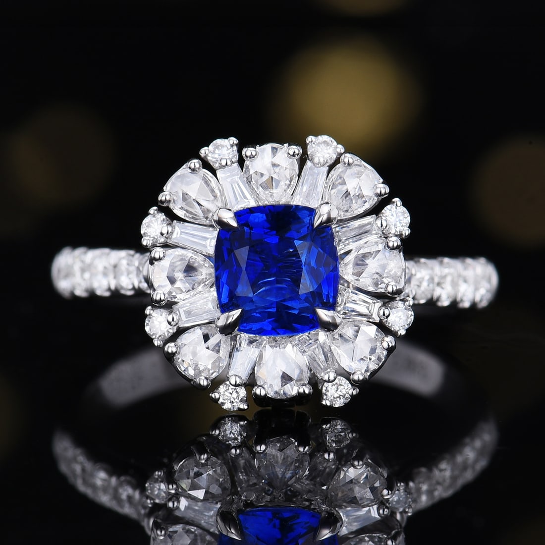 14k Gold 1.84 Ctw Vivid Blue Natural Sapphire & Diamond Ring/pendant( Without Chain ): Ref:231140310 // gold content:14k gold // ring size:7. 25us // // main gemstone:sapphire // shape:cushion // carat weight:1. 01ct // color:vivid blue // treatment:natural // // adjacent gemstone 2