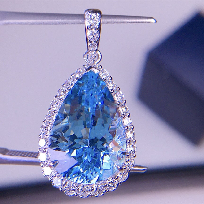 14k Gold 6.5 Ct Natural Aquamarine & Diamond Pendant( Without Chain ) - 3