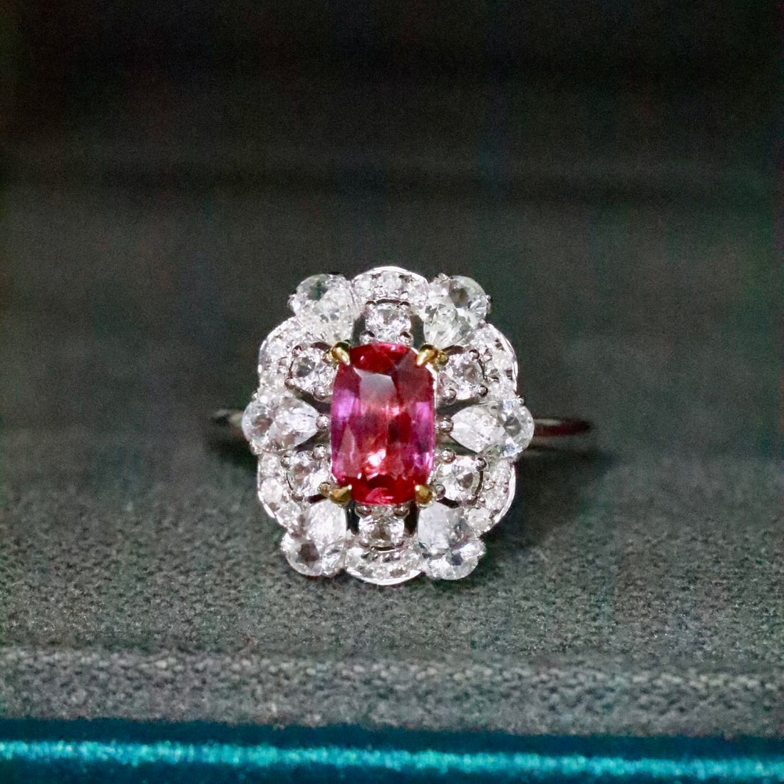 14k Gold 0.98 Ctw Natural Ruby & Diamond Ring: Ref:231140334 // gold content:14k gold // ring size:7. 25us // // main gemstone:ruby // shape:cushion // carat weight:0. 89ct // color:red // treatment:natural // // adjacent gemstone 2 : diamond