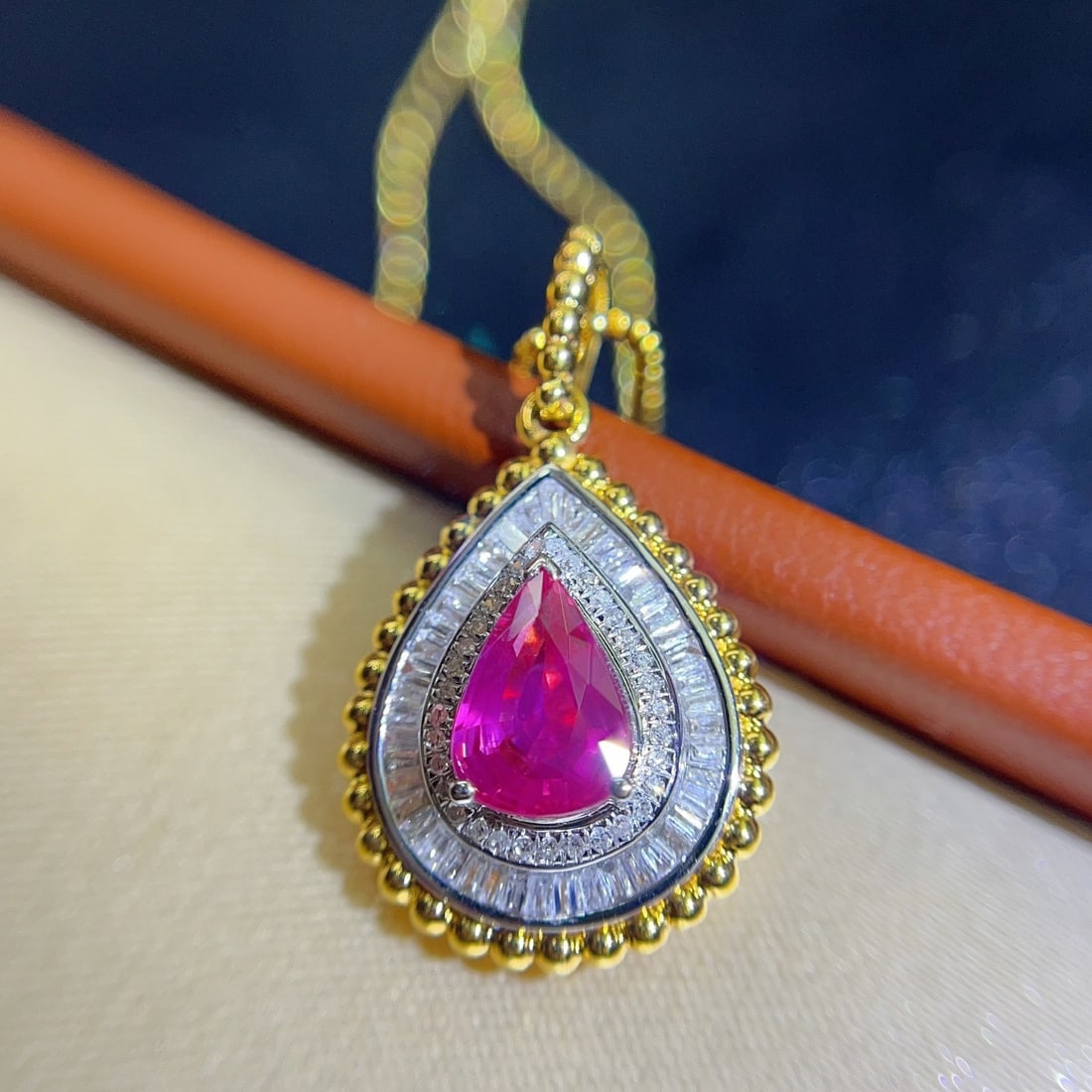 14k Gold 1.10 Ct Natural Ruby & Diamond Pendant( Without Chain ): Ref:231140359 // gold content:14k gold // main gemstone:ruby // shape:pear // carat weight:1. 10ct // color:red // treatment:natural // // adjacent gemstone 2 : diamond // number of stones:76 // shape