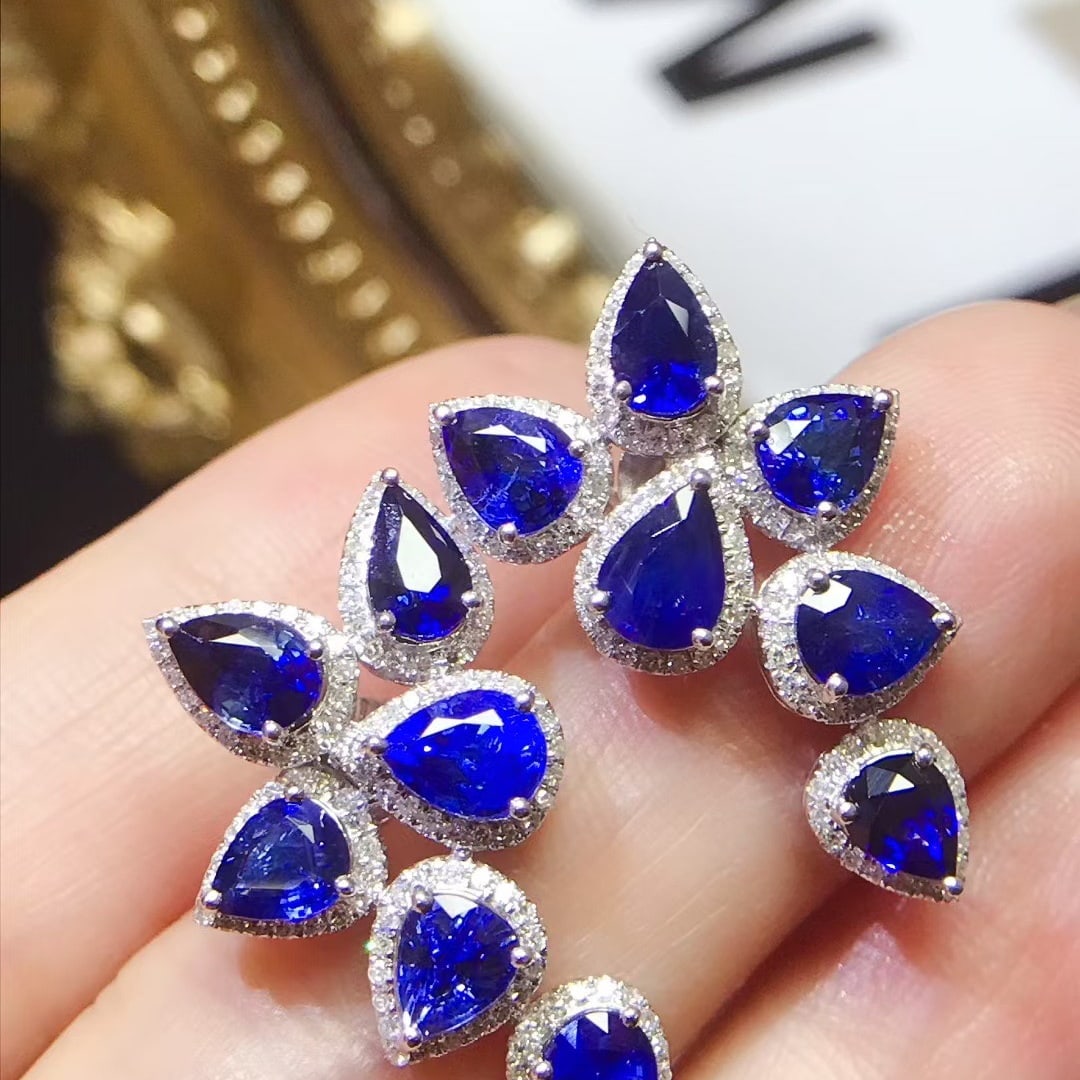 14k Gold 6.37 Ctw Natural Sapphire & Diamond Earrings - 2