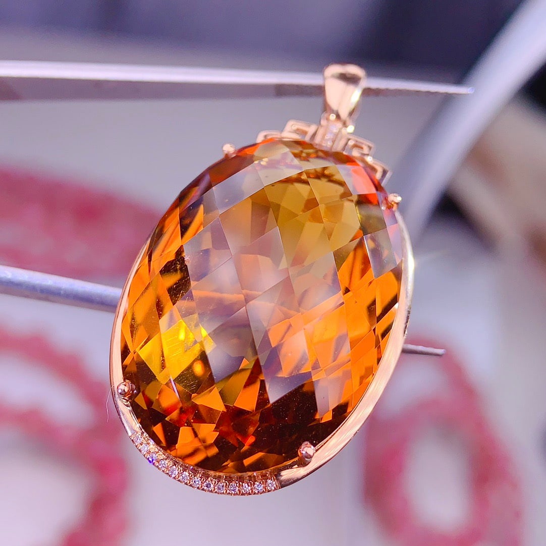 14k Gold 55 Ct Natural Citrine & Diamond Pendant( Without Chain ) - 2