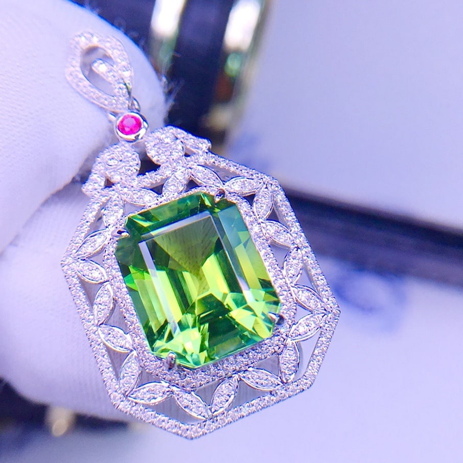 14k Gold 7.4 Ctw Natural Tourmaline & Diamond Pendant( Without Chain ) - 3