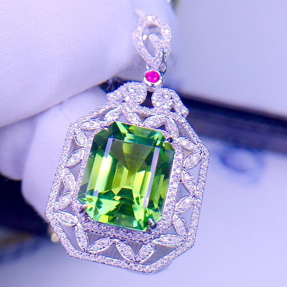 14k Gold 7.4 Ctw Natural Tourmaline & Diamond Pendant( Without Chain ) - 4