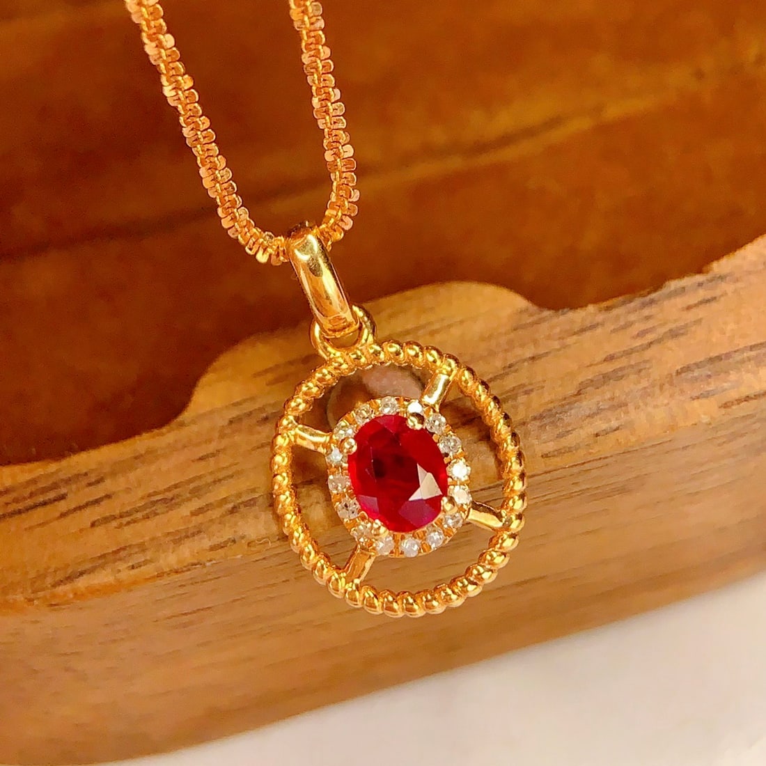 14k Gold 0.35 Ct Natural Ruby & Diamond Pendant( Without Chain ): Ref:231140379 // gold content:14k gold // main gemstone:ruby // shape:oval // carat weight:0. 35ct // color:red // treatment:natural // // adjacent gemstone 2 : diamond // number of stones:16 //
