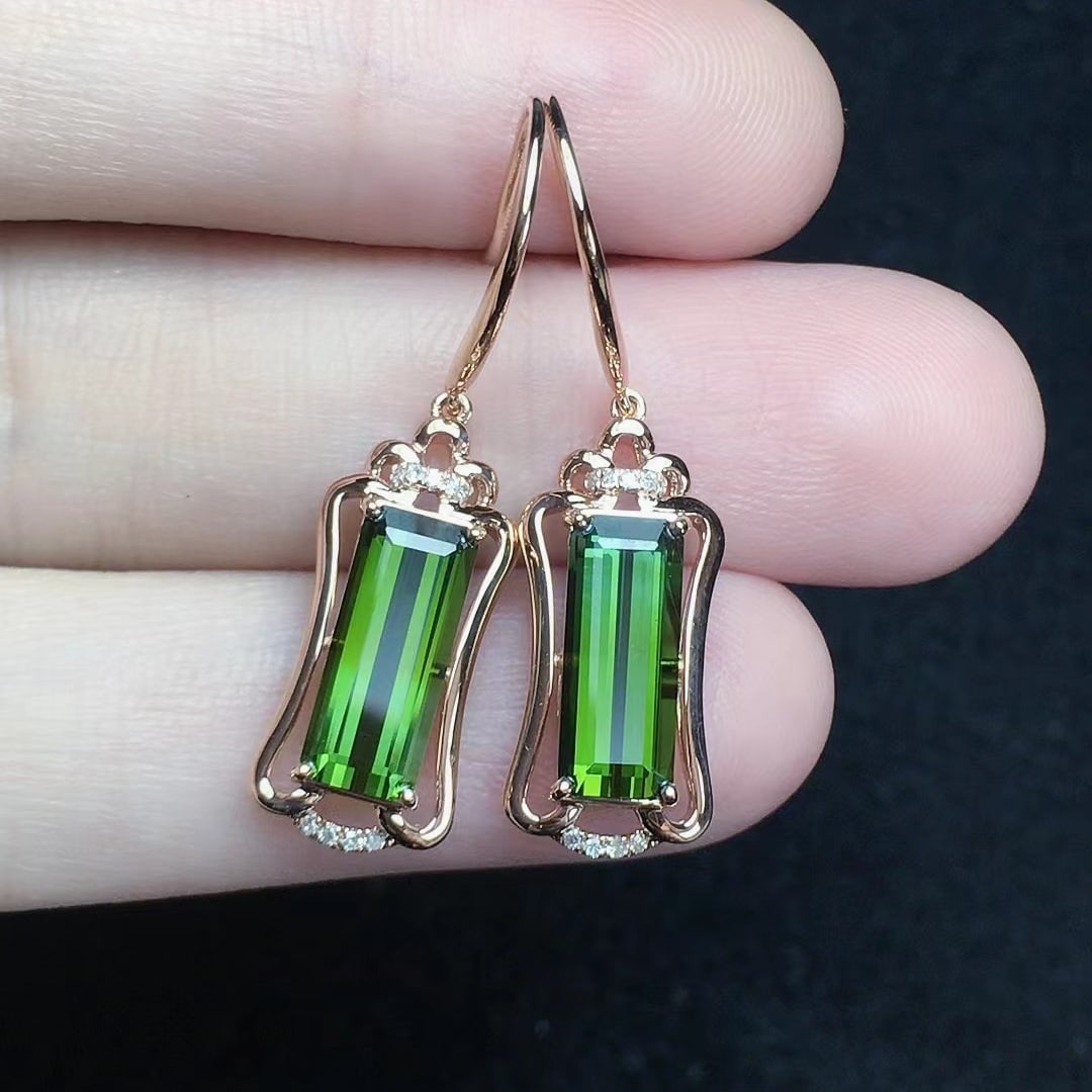 14k Gold 3.36 Ct Natural Tourmaline & Diamond Earrings - 2