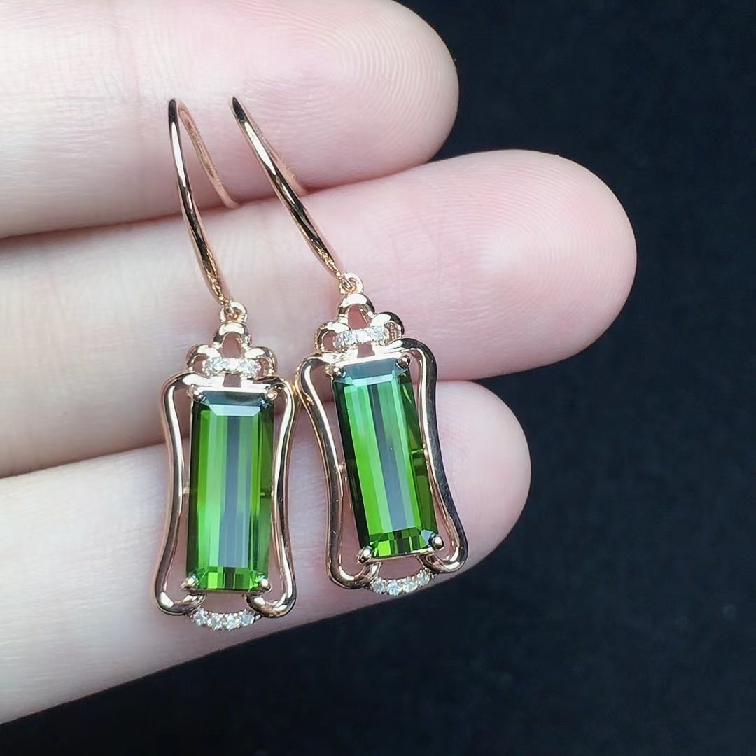 14k Gold 3.36 Ct Natural Tourmaline & Diamond Earrings - 4