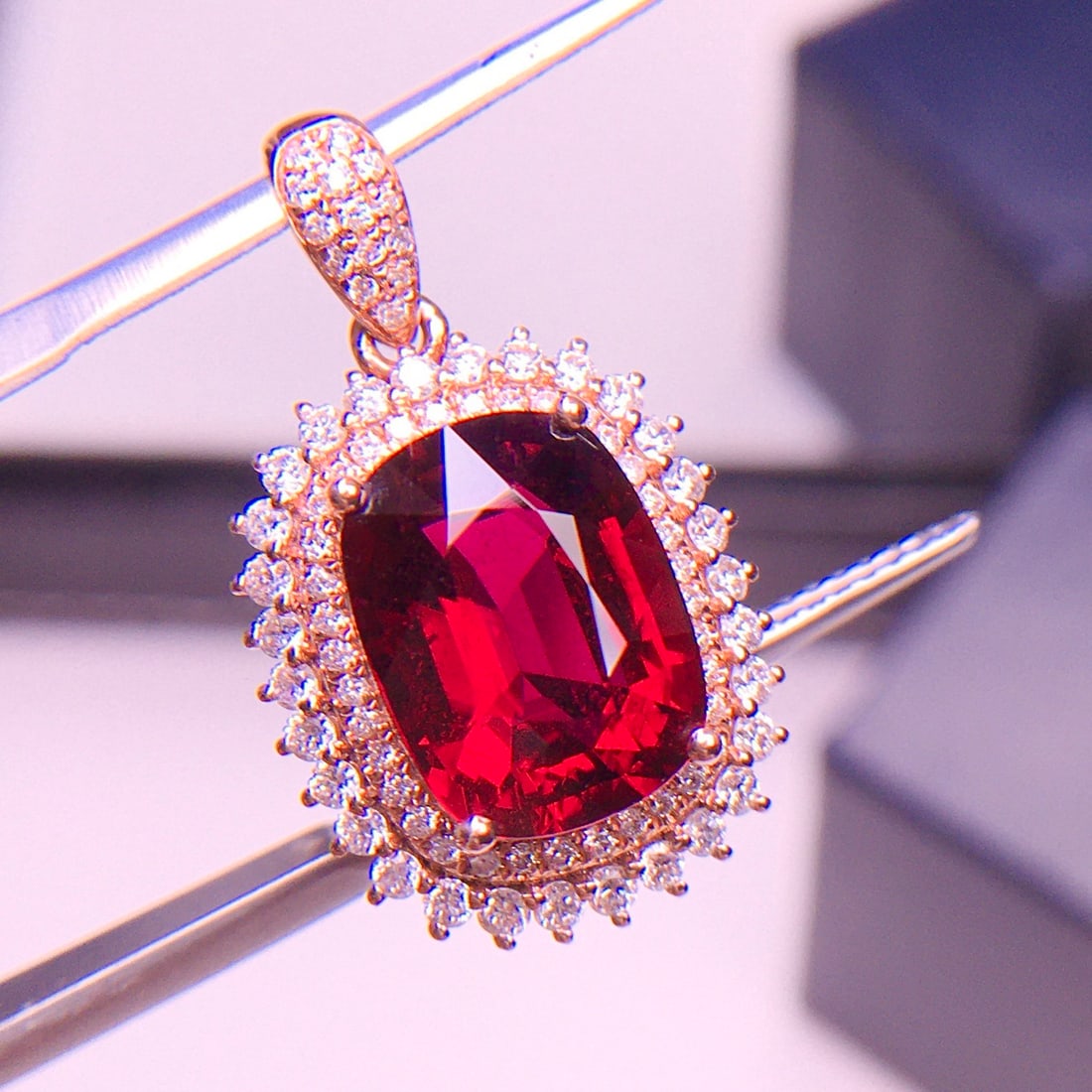 14k Gold 4.1 Ct Natural Tourmaline & Diamond Pendant( Without Chain ): Ref:231140384 // gold content:14k gold // main gemstone:tourmaline // shape:cushion // carat weight:4. 1ct // color:red // treatment:natural // // adjacent gemstone 2 : diamond // shape:round // clari