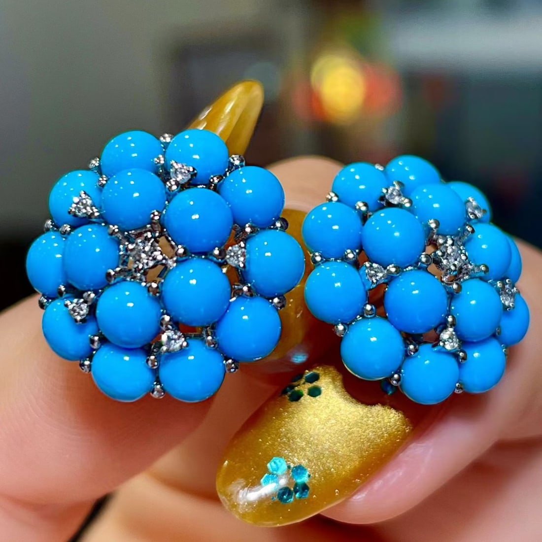 14k Gold 9.22 Ctw Natural Blue Turquoise & Diamond Earrings - 2