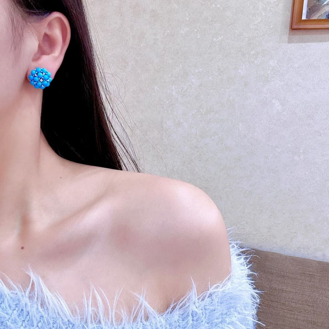 14k Gold 9.22 Ctw Natural Blue Turquoise & Diamond Earrings - 4