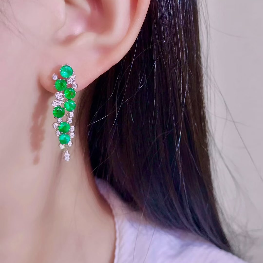 14k Gold 3.94 Ctw Natural Emerald & Diamond Earrings - 4