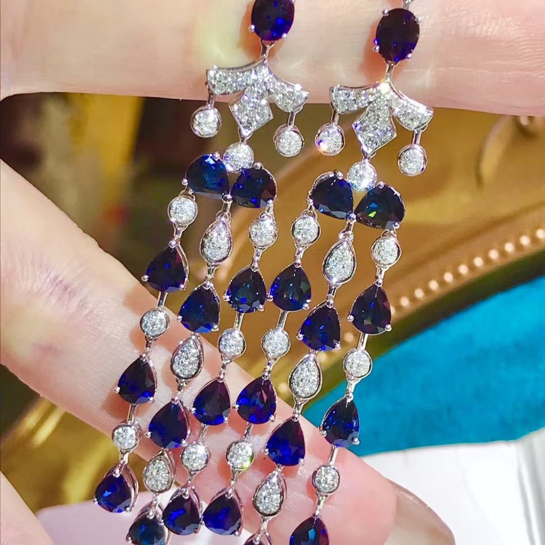 14k Gold 11.86 Ctw Natural Sapphire & Diamond Earrings - 2