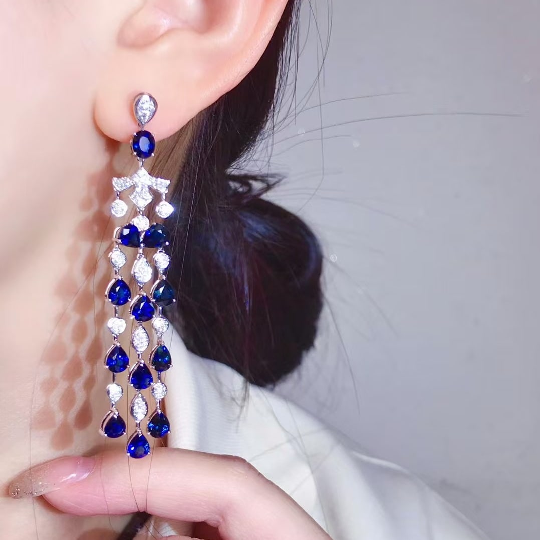 14k Gold 11.86 Ctw Natural Sapphire & Diamond Earrings - 4