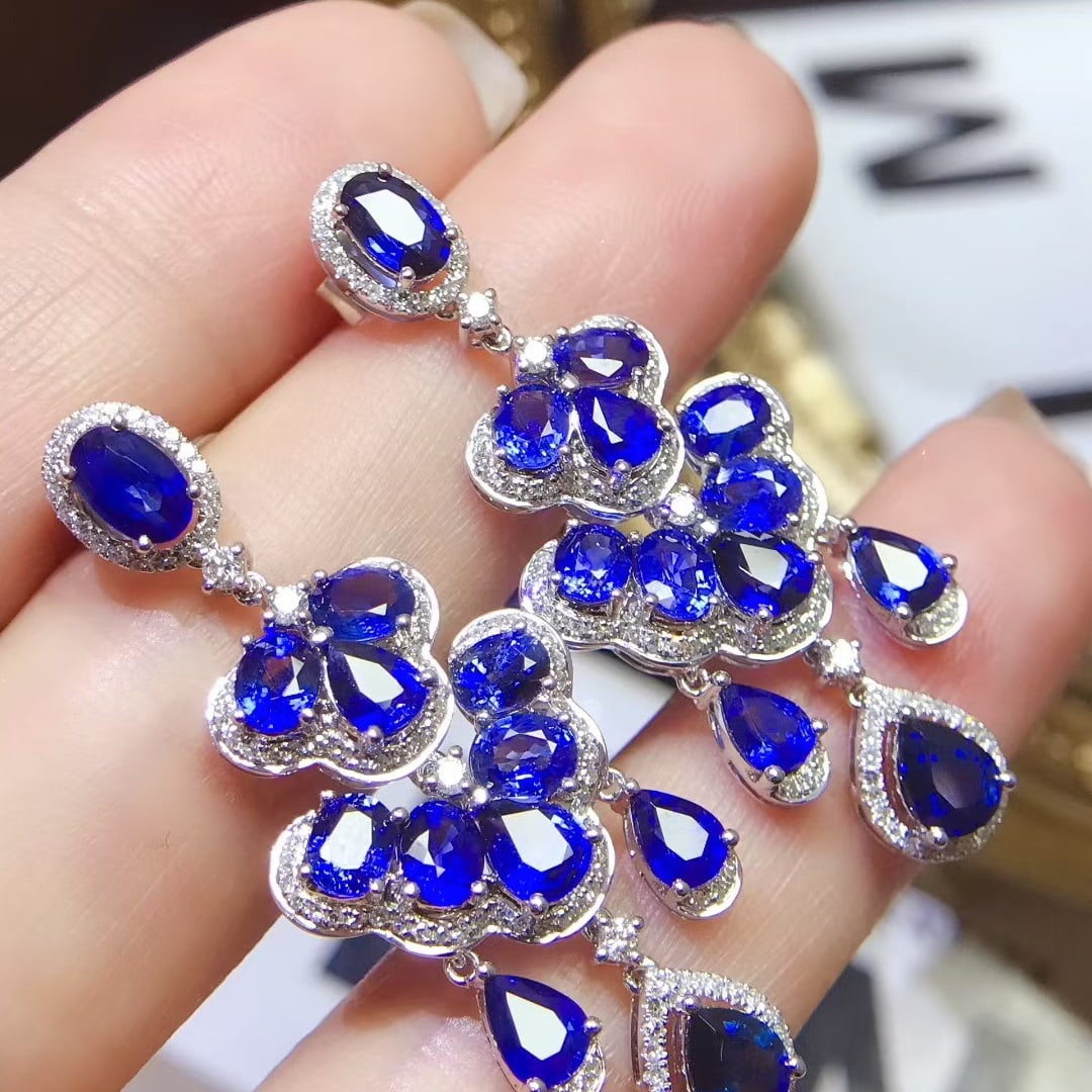 14k Gold 9.61 Ctw Natural Sapphire & Diamond Earrings: Ref:231140393 // gold content:14k gold // main gemstone:sapphire // shape:multiple // carat weight:8. 8ct // color:blue // treatment:natural // // adjacent gemstone 2 : diamond // shape:round // carat