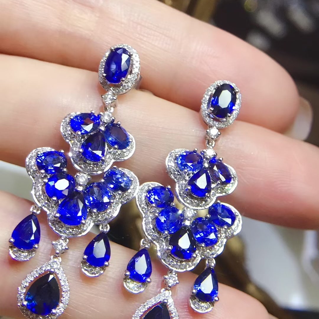 14k Gold 9.61 Ctw Natural Sapphire & Diamond Earrings - 2