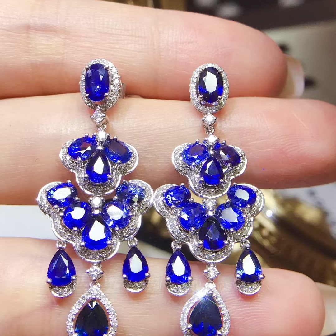 14k Gold 9.61 Ctw Natural Sapphire & Diamond Earrings - 3