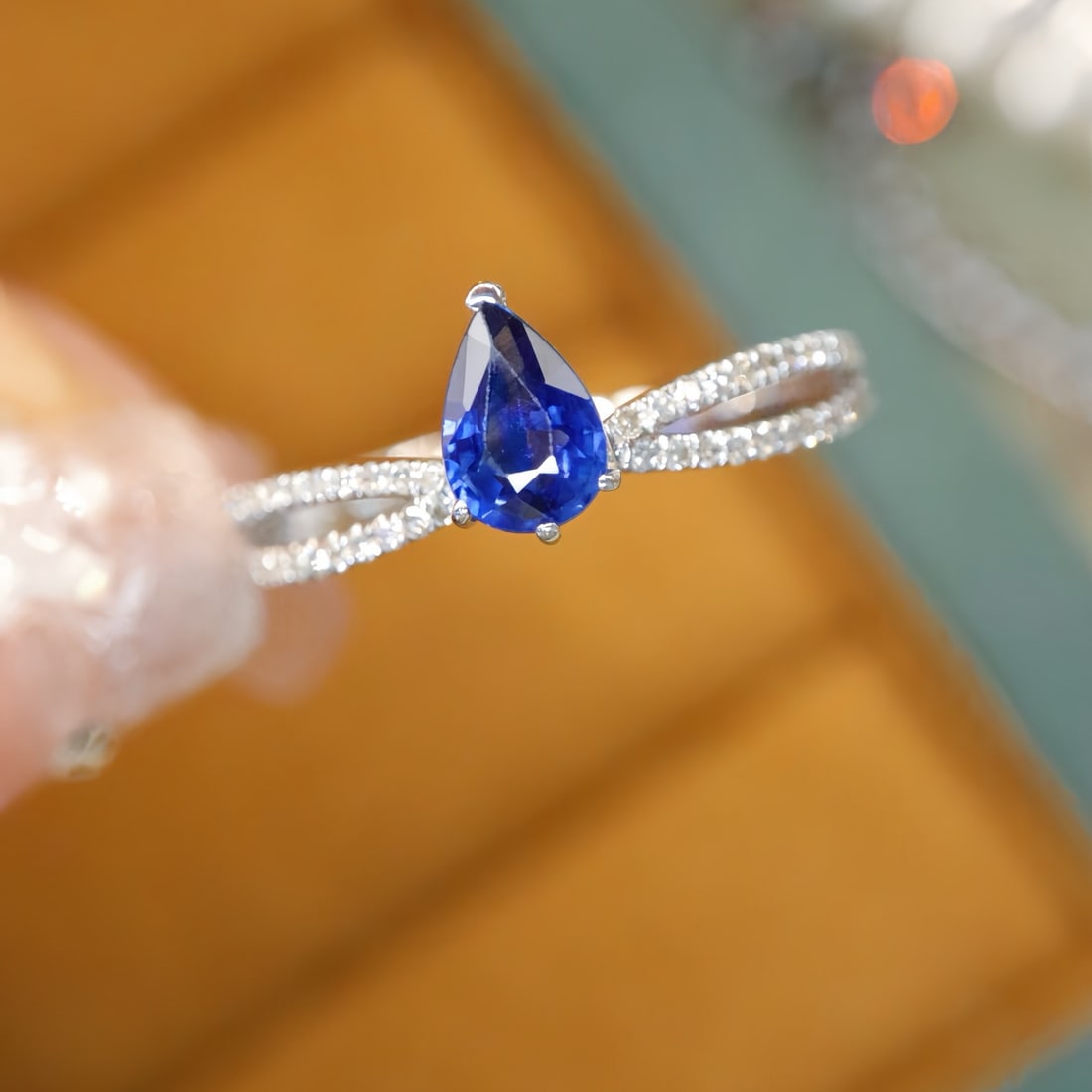 14k Gold 0.75 Ctw Natural Sapphire & Diamond Ring: Ref:231140394 // gold content:14k gold // ring size:7. 25us // // main gemstone:sapphire // shape:pear // carat weight:0. 58ct // color:blue // treatment:natural // // adjacent gemstone 2 :