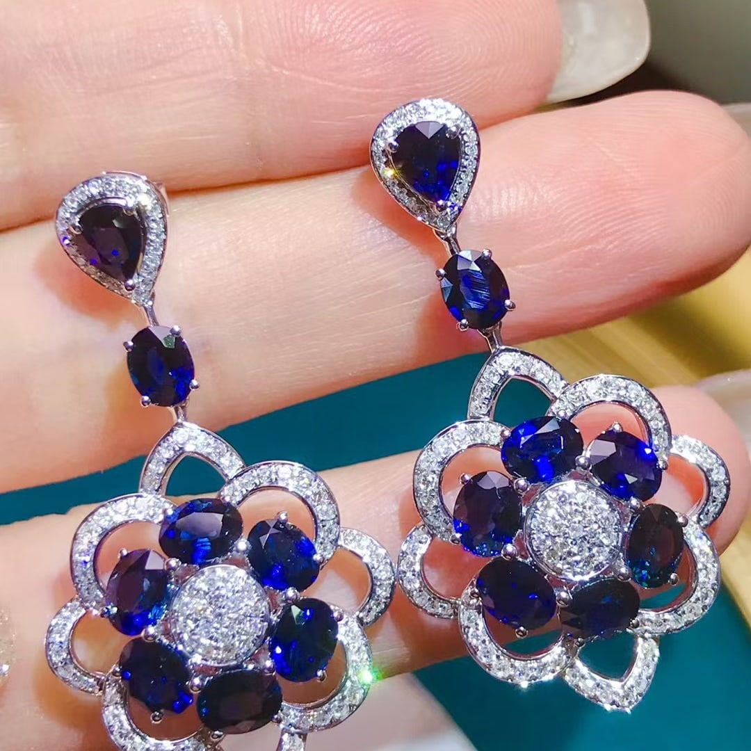 14k Gold 8.08 Ctw Natural Sapphire & Diamond Earrings - 2