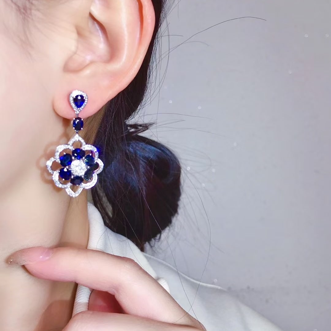 14k Gold 8.08 Ctw Natural Sapphire & Diamond Earrings - 4