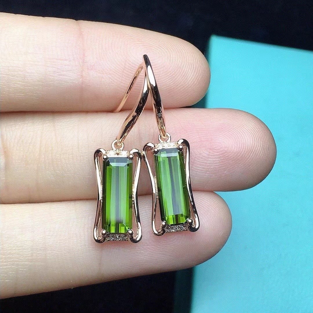 14k Gold 3.36 Ct Natural Tourmaline & Diamond Earrings - 2