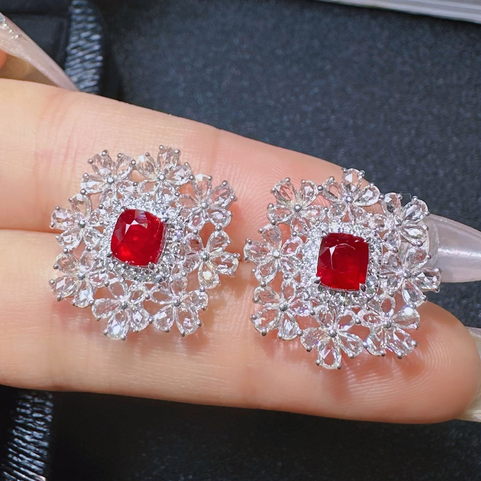 14k Gold 2.3 Ct Natural Ruby & Sapphire & Diamond Earrings: Ref:231140411 // gold content:14k gold // main gemstone:ruby // shape:cushion // carat weight:2. 3ct // color:red // treatment:natural // // adjacent gemstone 2 : sapphire // shape:pear // color:white