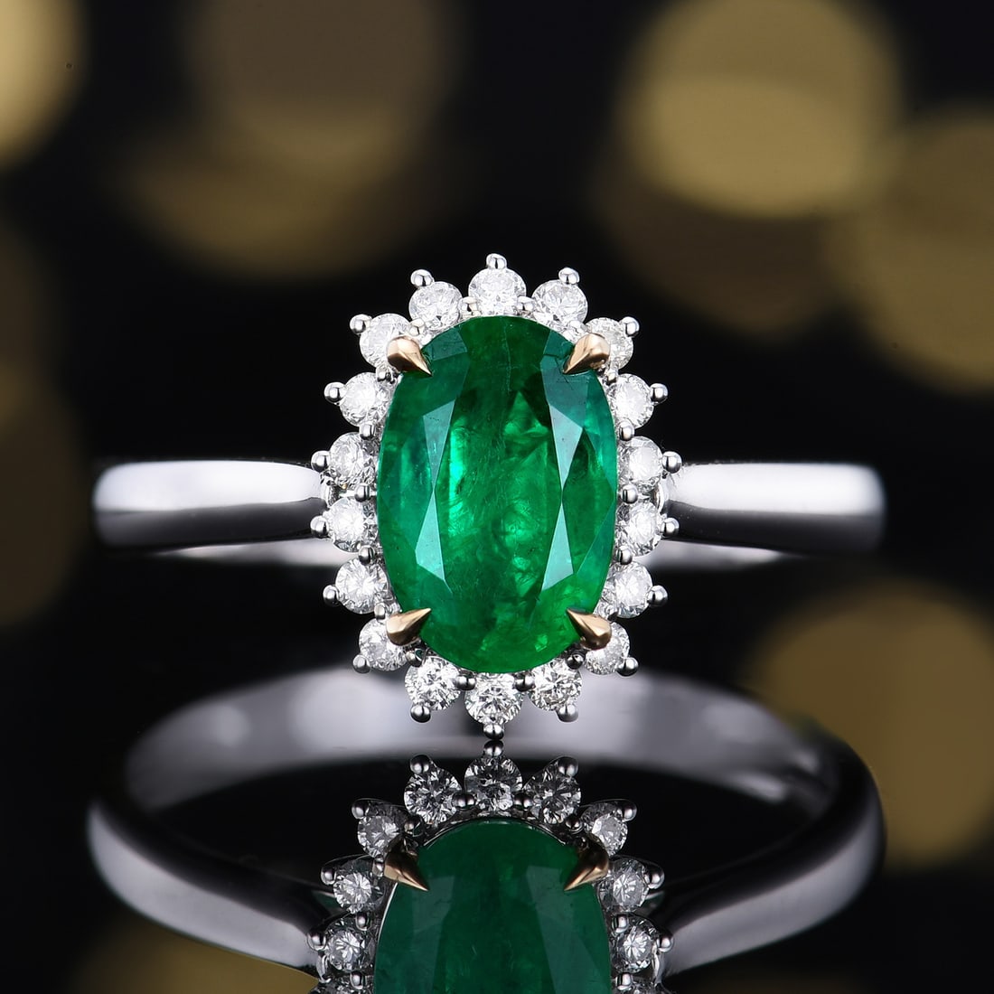 14k Gold 1.27 Ctw Natural Emerald & Diamond Ring: Ref:231140413 // gold content:14k gold // ring size:7. 25us // // main gemstone:emerald // shape:oval // carat weight:1. 09ct // color:green // treatment:natural // // adjacent gemstone 2 :