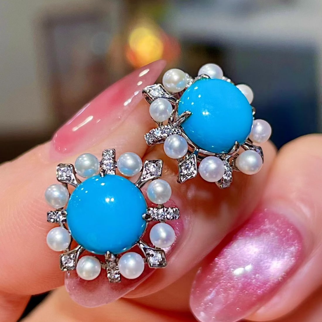 14k Gold 4.37 Ctw Natural Blue Turquoise & Diamond Earrings - 2