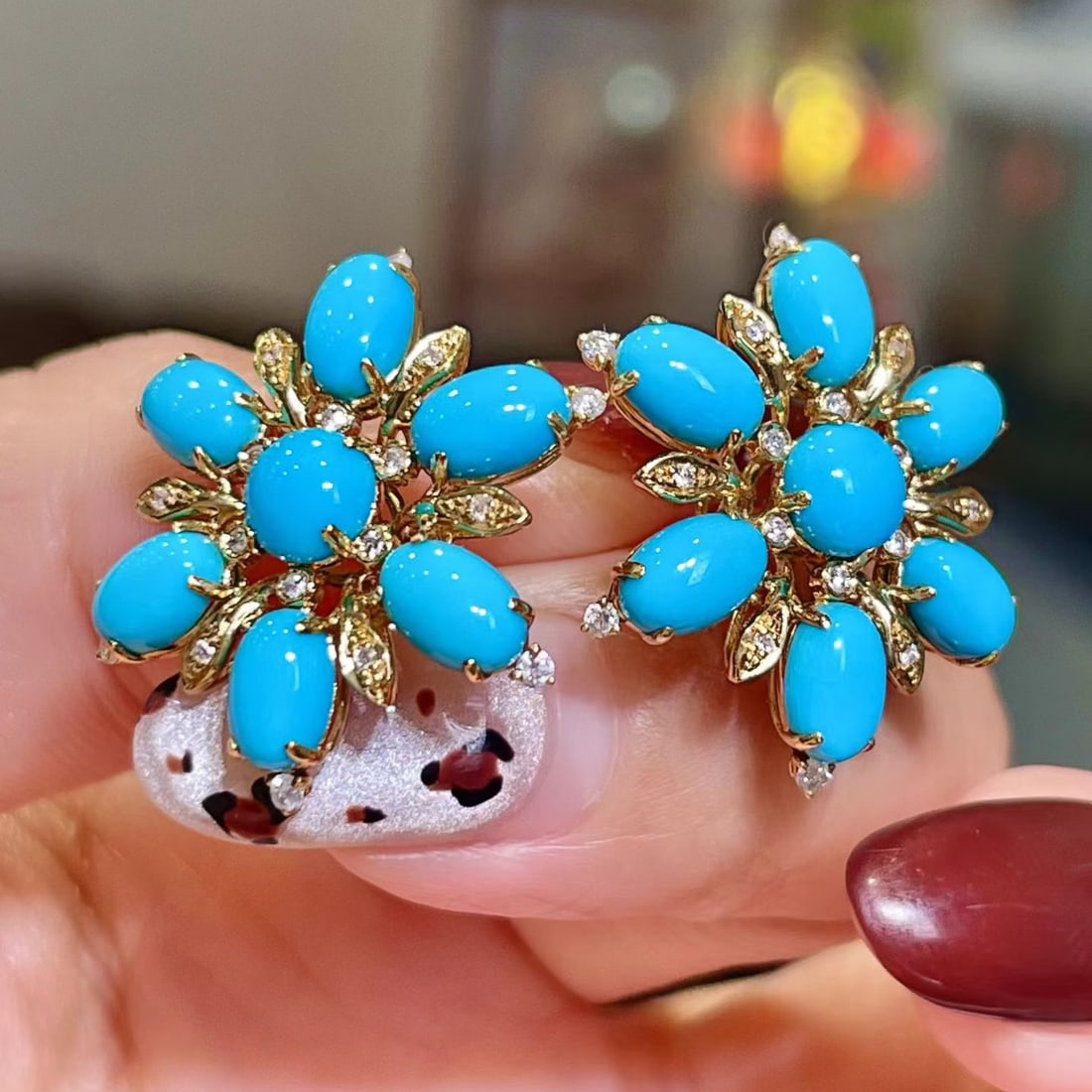 14k Gold 6.31 Ctw Natural Blue Turquoise & Diamond Earrings: Ref:231140421 // gold content:14k gold // main gemstone:blue turquoise // shape:multiple // carat weight:6. 08ct // color:blue // treatment:natural // // adjacent gemstone 2 : diamond // shape:round /