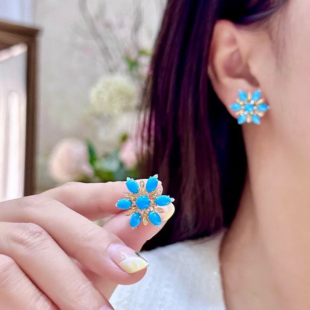 14k Gold 6.31 Ctw Natural Blue Turquoise & Diamond Earrings - 4