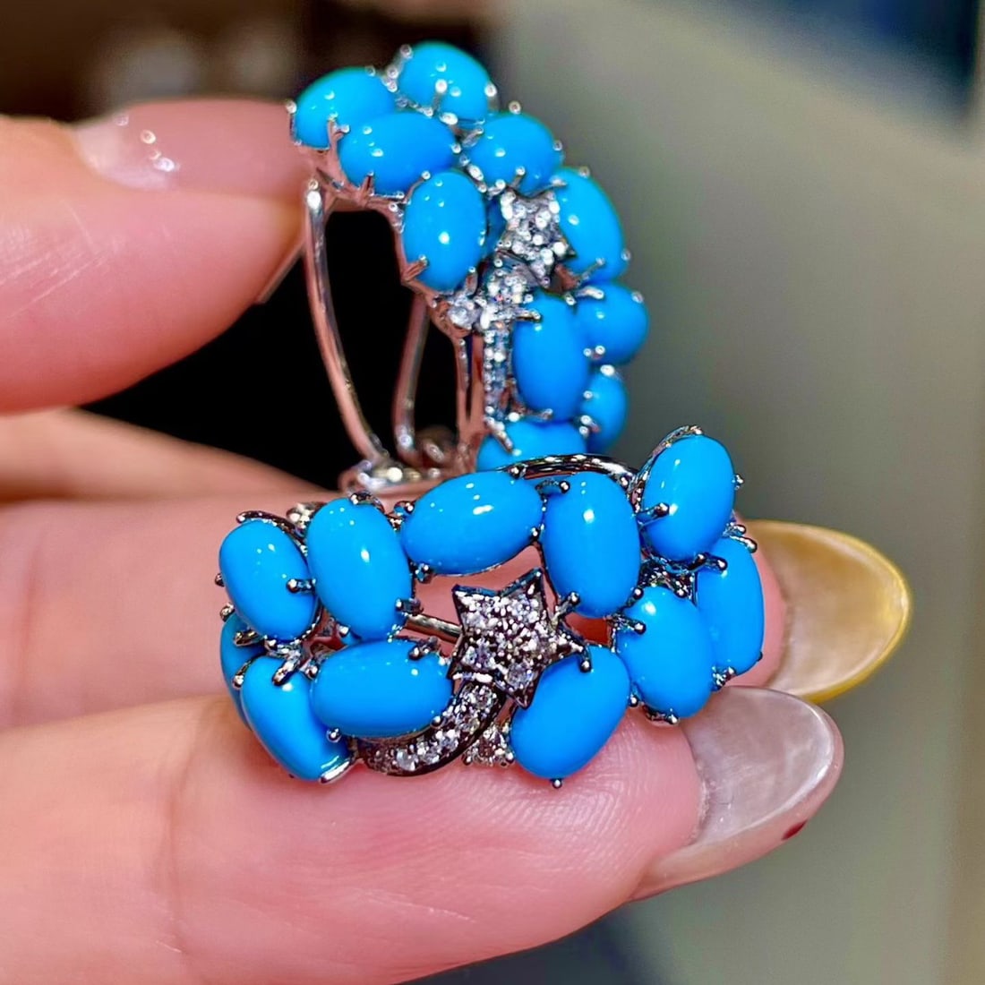 14k Gold 10.15 Ctw Natural Blue Turquoise & Diamond Earrings - 2