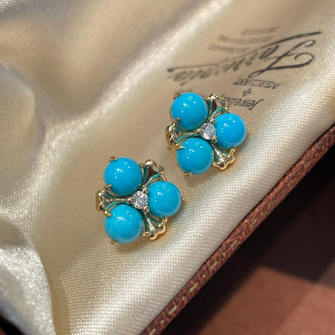 14k Gold 4 Ct Natural Blue Turquoise & Diamond Earrings - 2