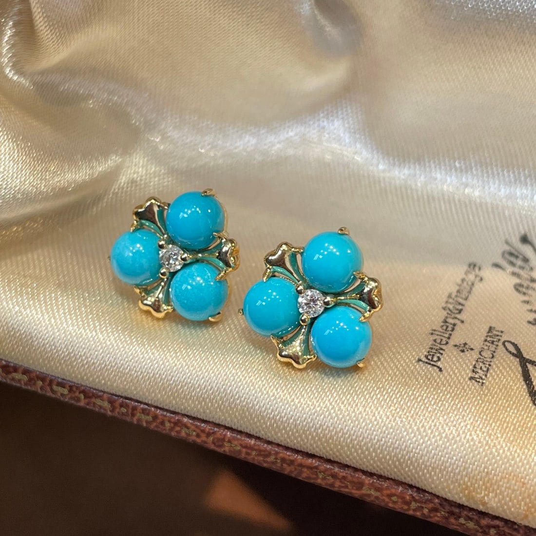 14k Gold 4 Ct Natural Blue Turquoise & Diamond Earrings - 3
