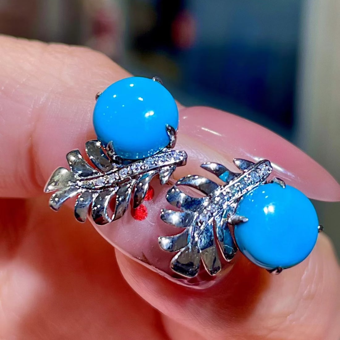 14k Gold 3.70 Ctw Natural Blue Turquoise & Diamond Earrings - 4