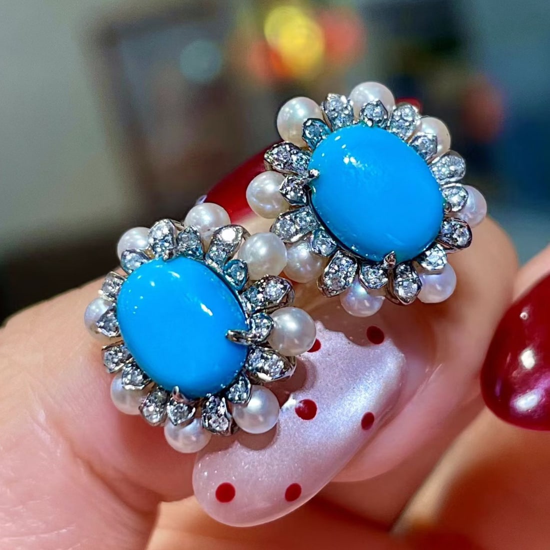 14k Gold 3.63 Ctw Natural Blue Turquoise & Diamond Earrings - 2