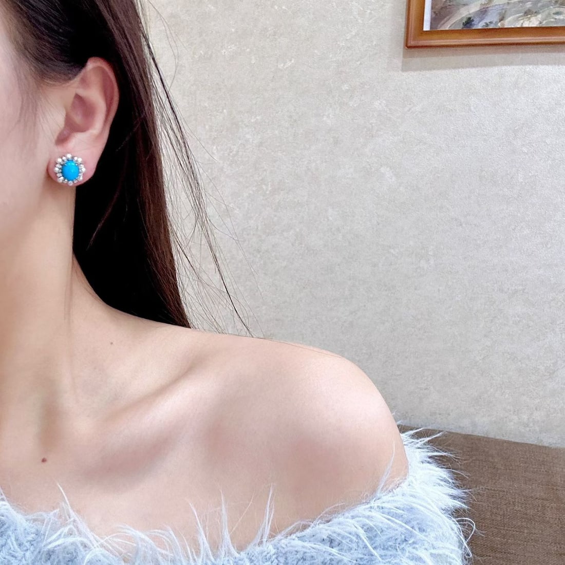 14k Gold 3.63 Ctw Natural Blue Turquoise & Diamond Earrings - 4