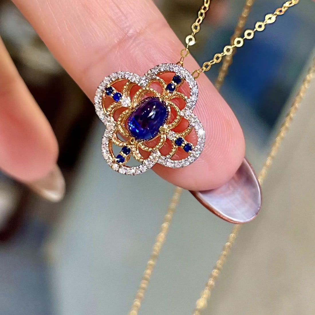 14k Gold 0.83 Ctw Natural Sapphire & Diamond Pendant( Without Chain ) - 3