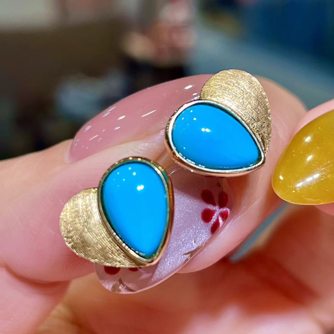 14k Gold 2.69 Ct Natural Blue Turquoise Earrings - 2