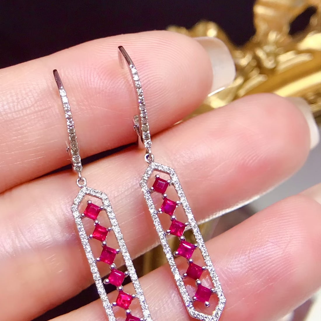 14k Gold 1.30 Ctw Natural Ruby & Diamond Earrings: Ref:231140438 // gold content:14k gold // main gemstone:ruby // shape:square // carat weight:0. 85ct // color:red // treatment:natural // // adjacent gemstone 2 : diamond // shape:round // carat