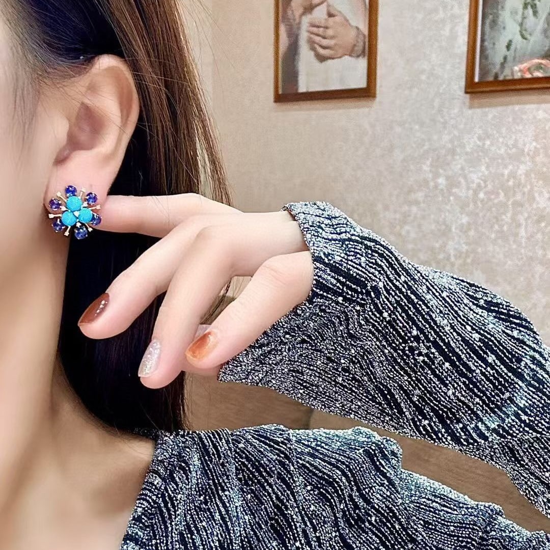 14k Gold 8.47 Ctw Natural Blue Turquoise & Sapphire Earrings - 4