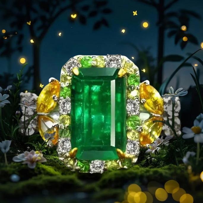 14k Gold 2.12 Ctw Natural Emerald & Diamond Ring: Ref:231143001 // gold content:14k gold // ring size:7. 25us // // main gemstone:emerald // shape:octagonal // carat weight:2. 01ct // color:green // treatment:natural // // adjacent gemstone 2 :