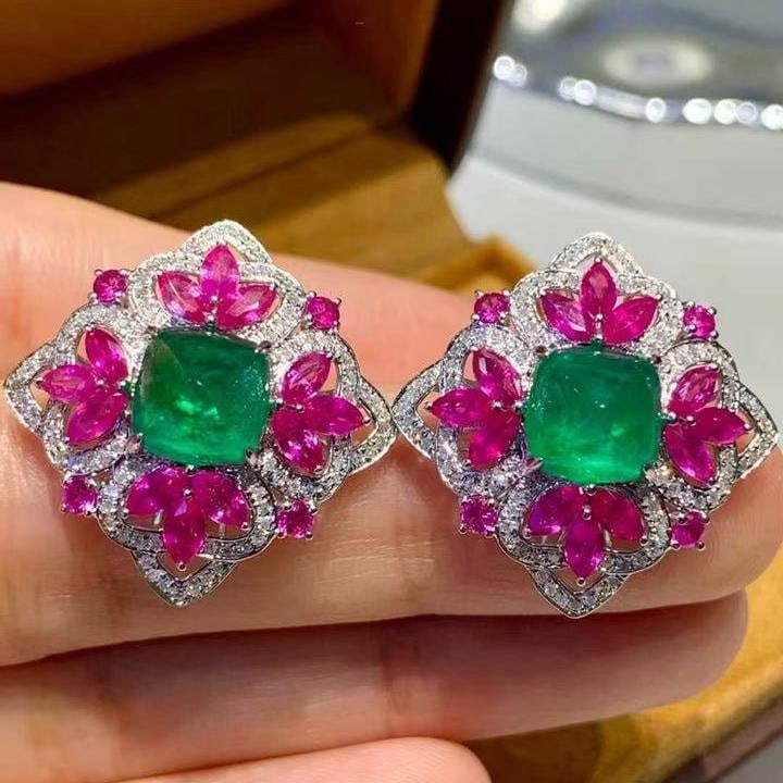 14k Gold 4.62 Ct Natural Emerald & Diamond & Ruby Earrings - 2
