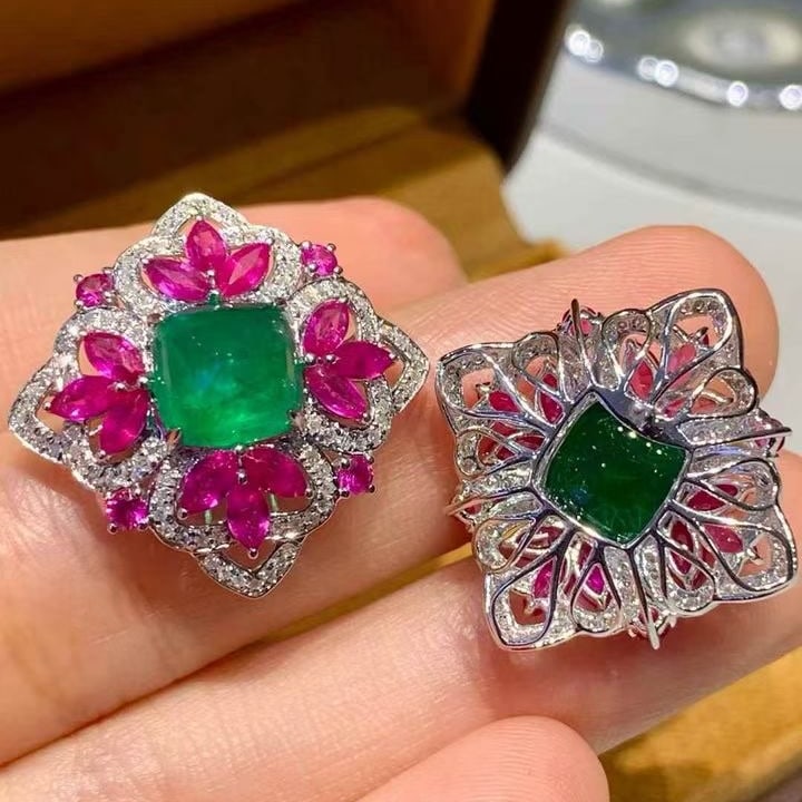 14k Gold 4.62 Ct Natural Emerald & Diamond & Ruby Earrings - 4