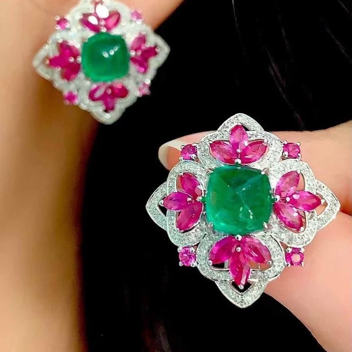 14k Gold 4.62 Ct Natural Emerald & Diamond & Ruby Earrings - 5