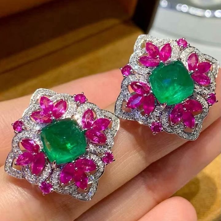 14k Gold 4.62 Ct Natural Emerald & Diamond & Ruby Earrings - 6