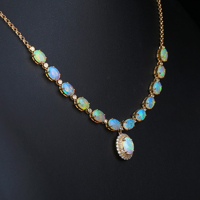 14k Gold 5.78 Ctw Natural Opal & Diamond Necklace - 4