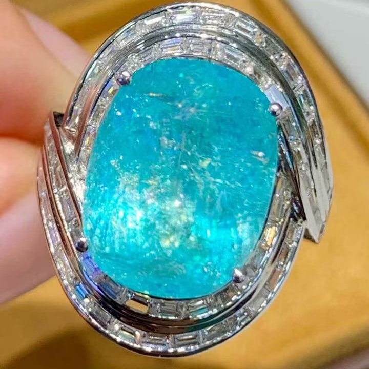 14k Gold 10.73 Ct Natural Paraiba Tourmaline & Diamond Ring - 4